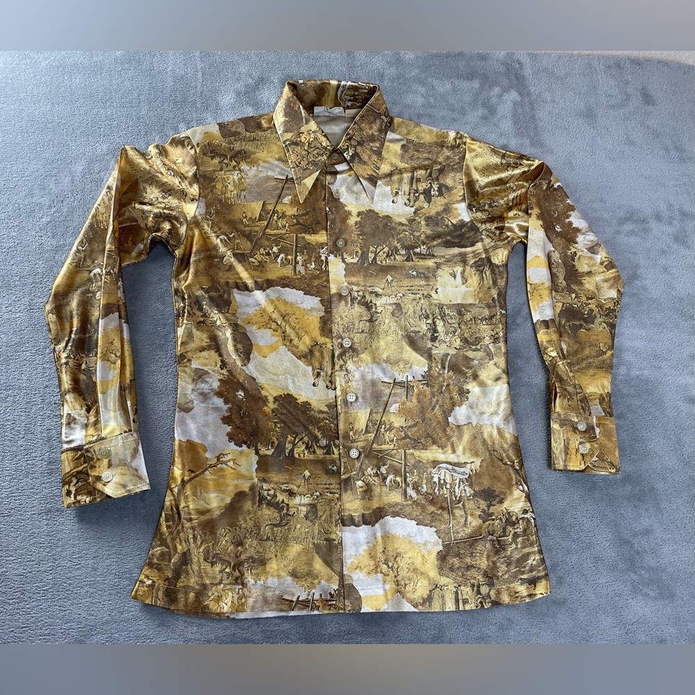 Vintage 70s Polyester Shirt Western Frontier Baroque Long Sleeve Button Up M / S
